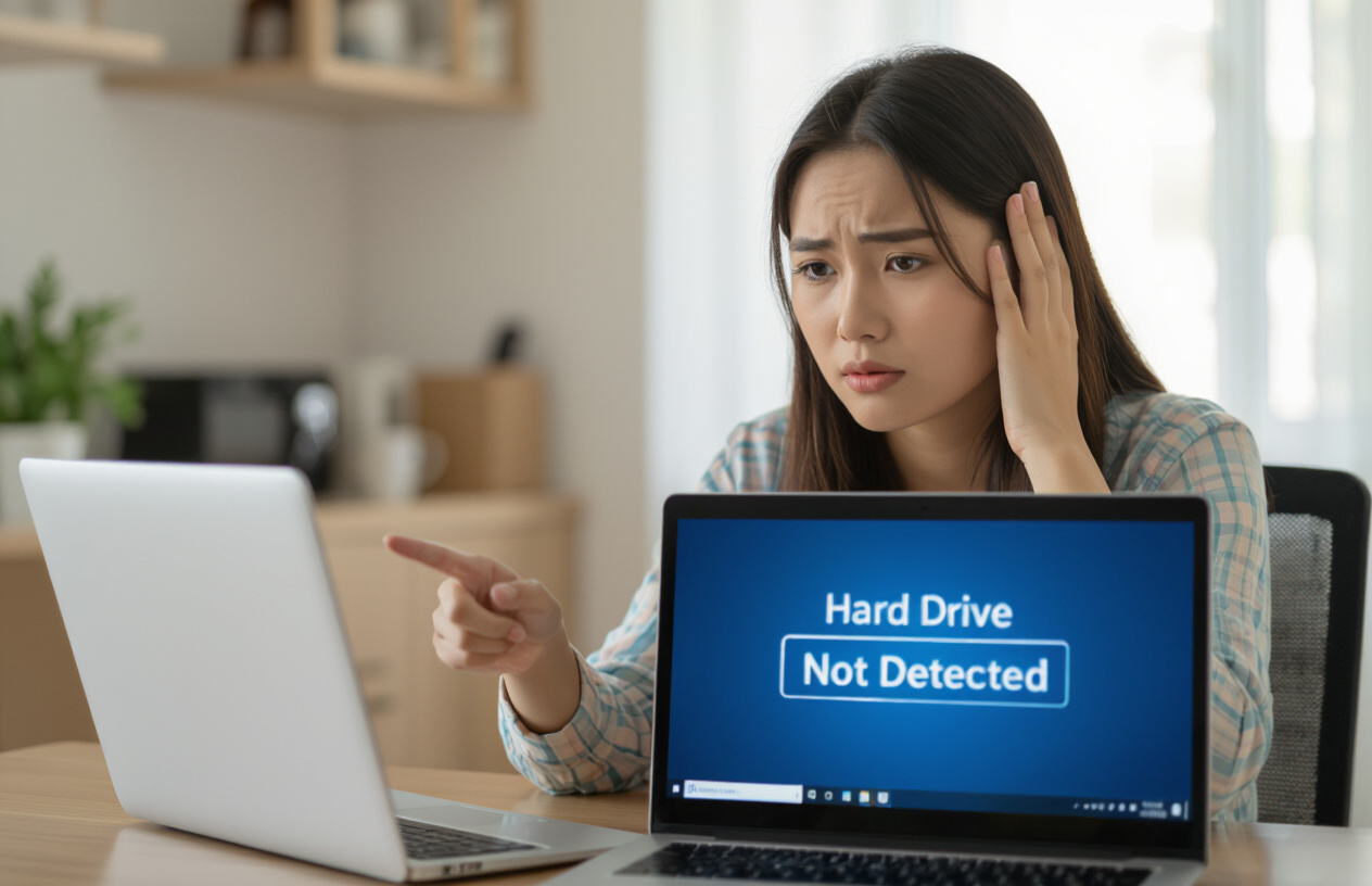 Một Người Đang Lo Lắng Nhìn Vào Màn Hình Máy Tính Với Thông Báo Lỗi Ổ Cứng.