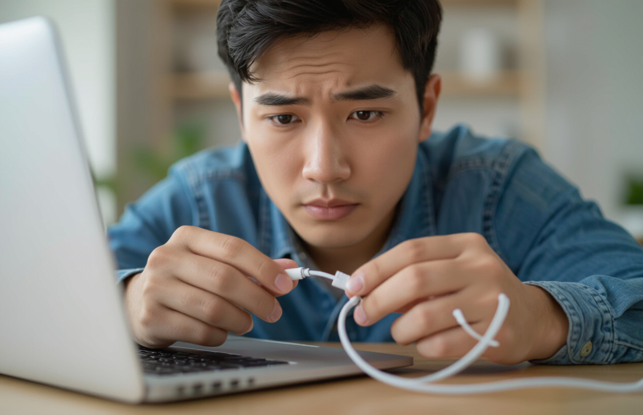 Một Người Dùng Đang Kiểm Tra Cẩn Thận Dây Sạc Laptop Bị Hỏng.
