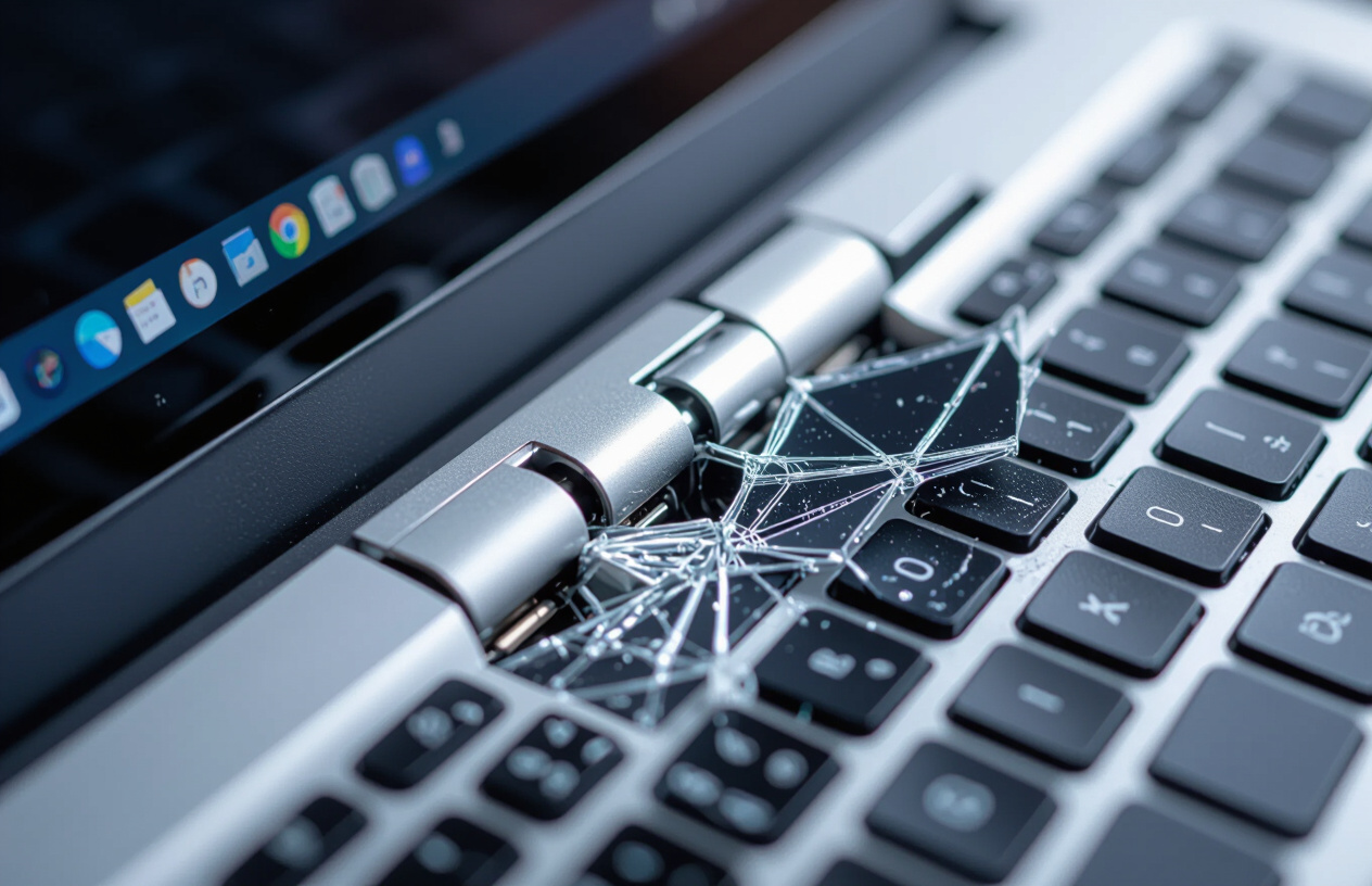 Hình Ảnh Cận Cảnh Bản Lề Laptop Bị Gãy, Cho Thấy Vết Nứt Và Hư Hỏng Rõ Rệt.