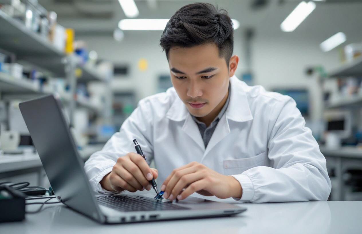 Kỹ Thuật Viên Chuyên Nghiệp Tại Máy Tính Bến Tre Đang Cẩn Thận Sửa Chữa Bản Lề Laptop.