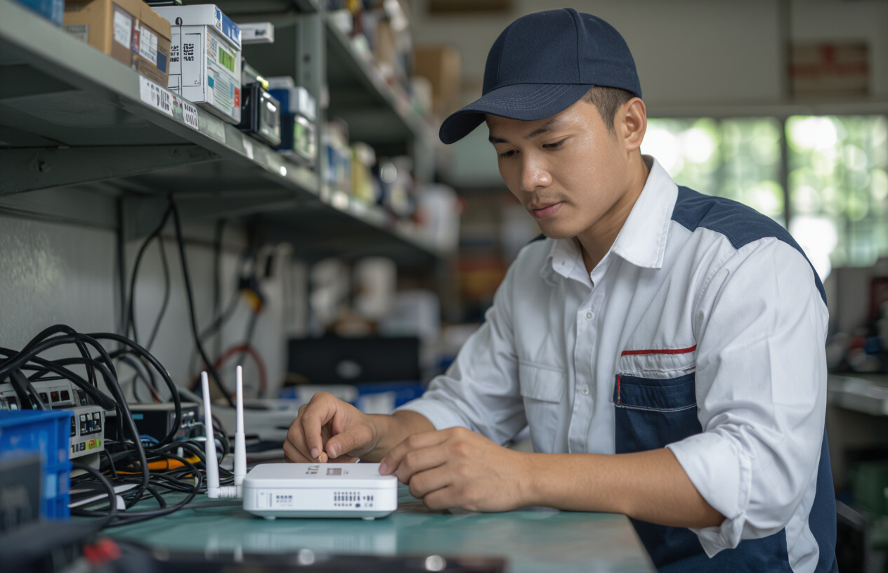 Kỹ Thuật Viên Máy Tính Bến Tre Đang Kiểm Tra Bộ Phát Wifi Di Động 4G.
