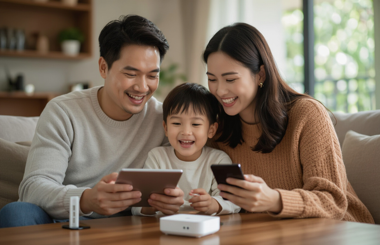 Gia Đình Hạnh Phúc Người Việt Đang Sử Dụng Internet Nhanh Chóng Từ Bộ Phát Wifi.