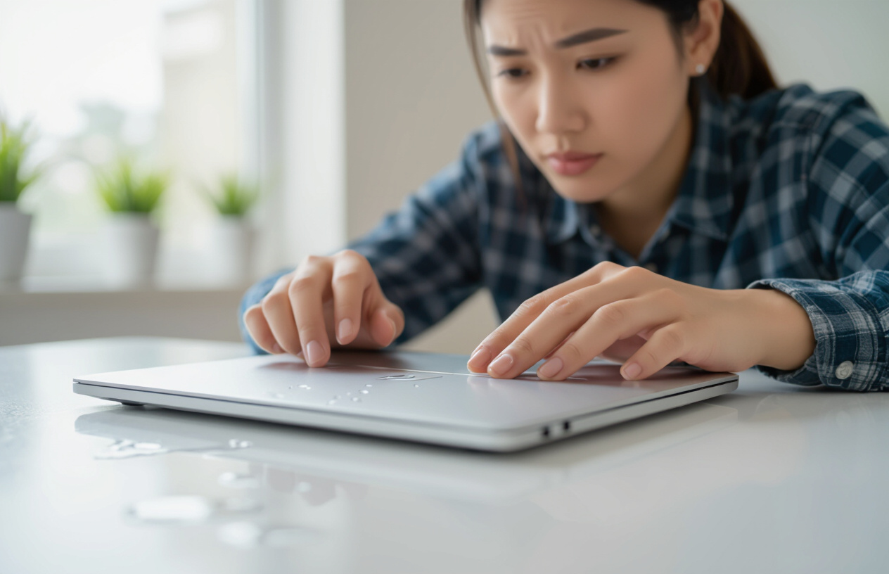 Người Dùng Laptop Đang Úp Ngược Laptop Bị Vô Nước Để Làm Khô, Thể Hiện Sự Cẩn Trọng Ban Đầu.