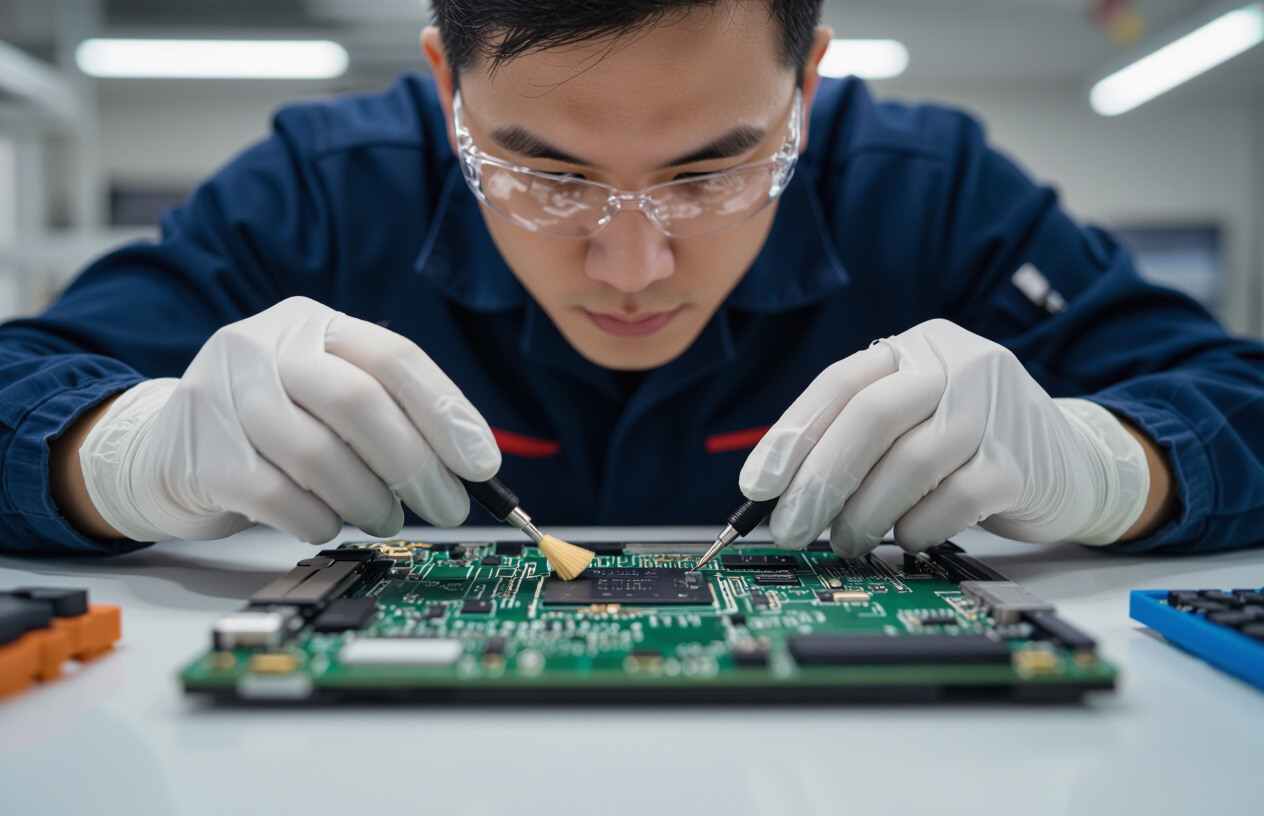 Kỹ Thuật Viên Máy Tính Bến Tre Đang Cẩn Thận Kiểm Tra Và Vệ Sinh Mainboard Laptop Bị Vô Nước Bằng Thiết Bị Chuyên Dụng
