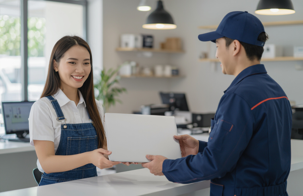 Khách Hàng Hài Lòng Đang Nhận Lại Chiếc Laptop Đã Được Sửa Chữa Từ Kỹ Thuật Viên Máy Tính Bến Tre, Thể Hiện Sự Tin Cậy