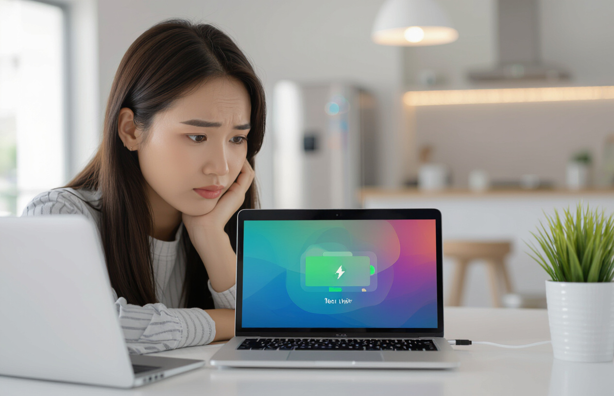 Một Người Dùng Laptop Đang Kiểm Tra Biểu Tượng Pin Báo Lỗi Không Sạc Trên Màn Hình.
