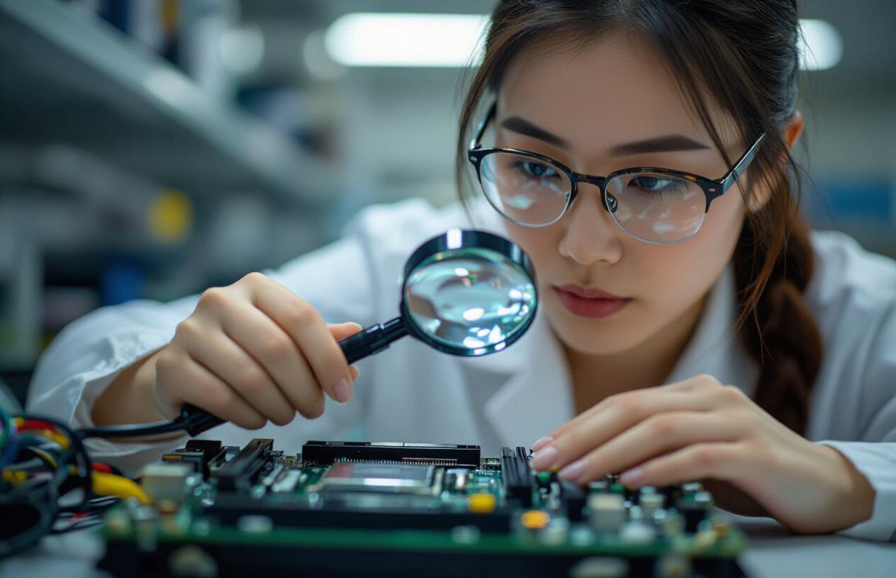 Kỹ Thuật Viên Chuyên Nghiệp Đang Kiểm Tra Mainboard Pc Bằng Kính Lúp Tại Bến Tre.