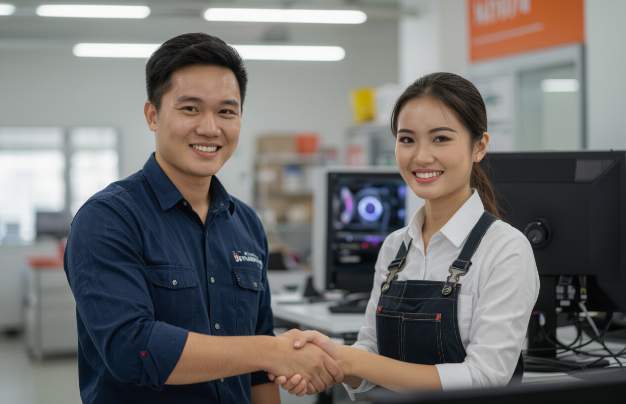 Khách Hàng Hài Lòng Bắt Tay Kỹ Thuật Viên Sau Khi Sửa Chữa Máy Tính Thành Công.