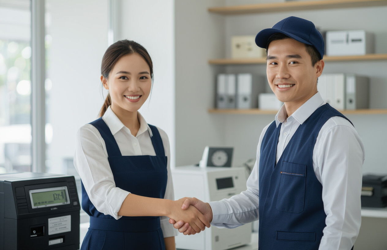 Khách Hàng Hài Lòng Bắt Tay Kỹ Thuật Viên Sau Khi Máy Chấm Công Được Sửa Chữa Thành Công.