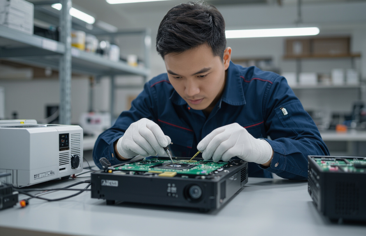 Một Kỹ Thuật Viên Người Việt Nam Chuyên Nghiệp Đang Kiểm Tra Bo Mạch Bên Trong Máy Chiếu Epson, Tập Trung Vào Các Linh