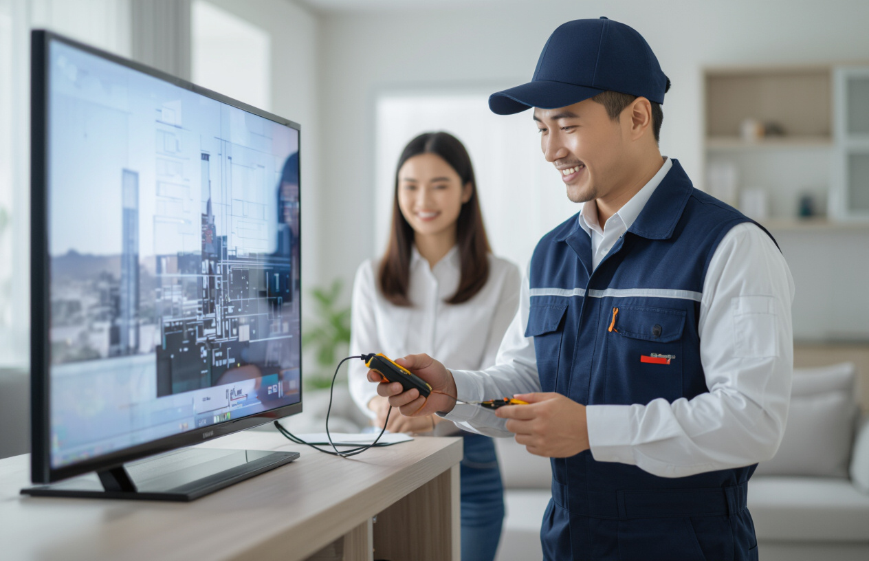 Kỹ Thuật Viên Máy Tính Bến Tre Đang Kiểm Tra Và Sửa Chữa Tivi Tại Nhà Khách Hàng Ở Bến Tre.
