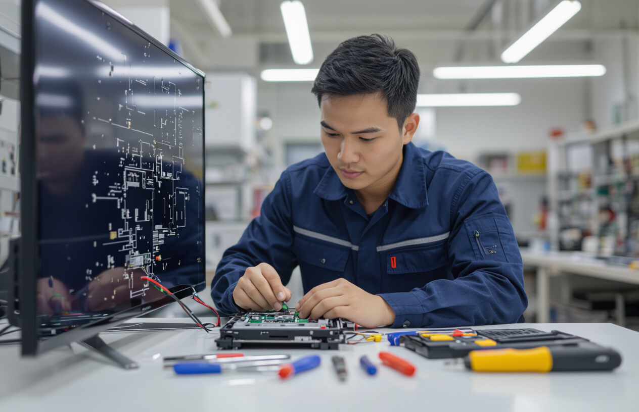 Kỹ Thuật Viên Máy Tính Bến Tre Đang Thay Thế Linh Kiện Tivi, Đảm Bảo Quy Trình Chuyên Nghiệp.