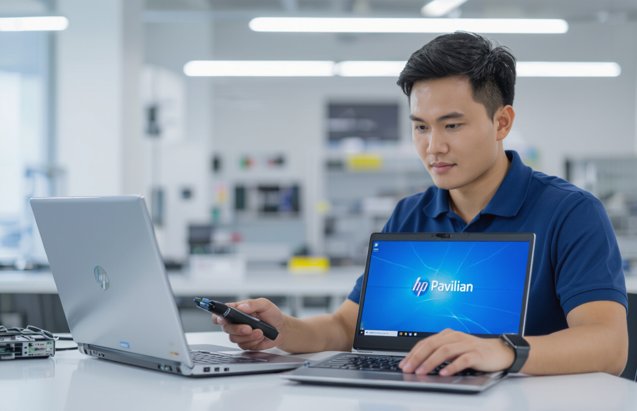 Kỹ Thuật Viên Máy Tính Bến Tre Đang Kiểm Tra Laptop Hp Pavilion Bị Lỗi Màn Hình Xanh