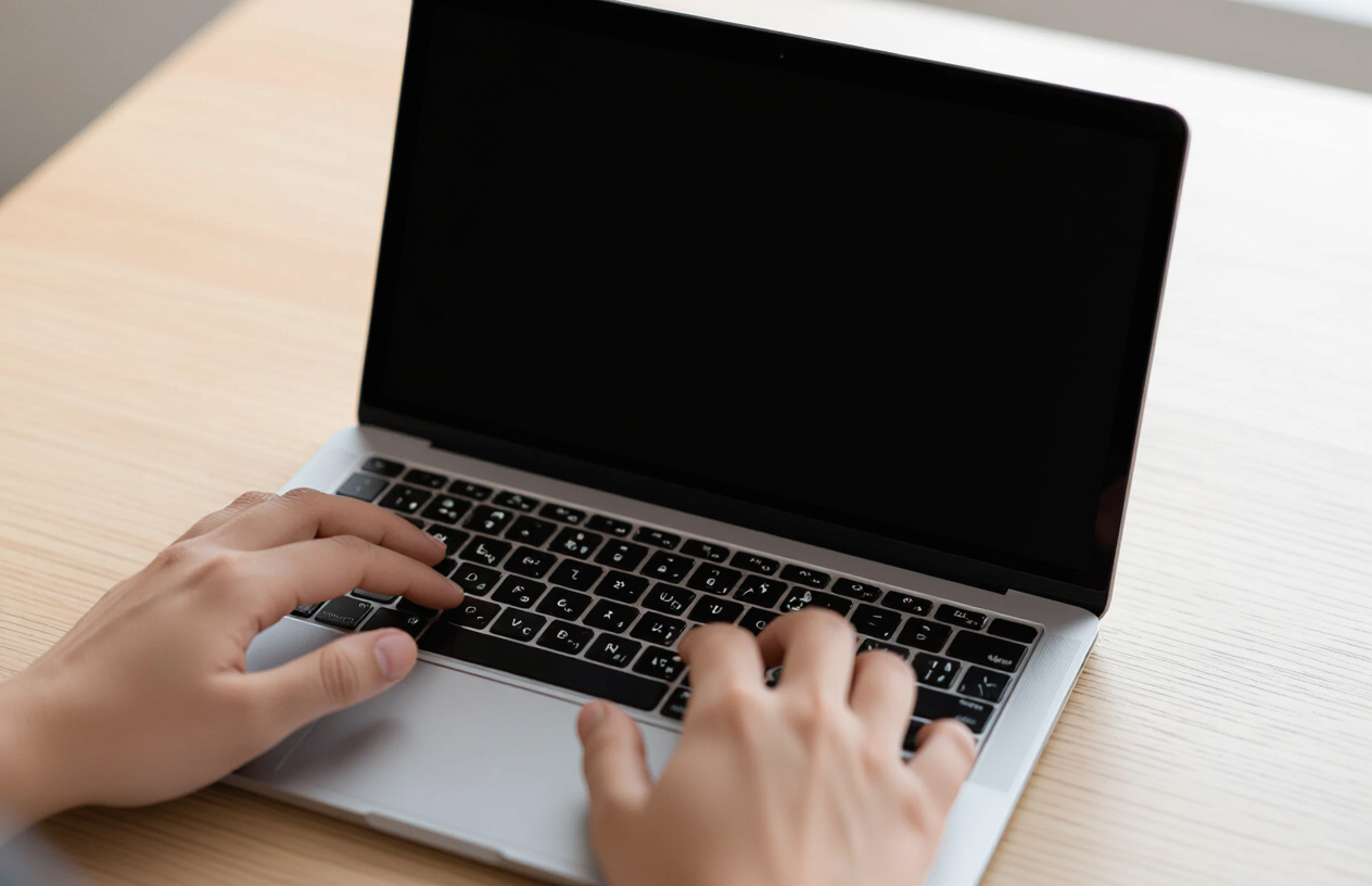 Người Dùng Đang Lo Lắng Nhìn Vào Màn Hình Laptop Đen Ngòm Không Lên Nguồn.