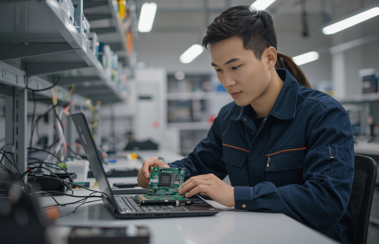 Kỹ Thuật Viên Máy Tính Bến Tre Đang Kiểm Tra Mainboard Laptop Chuyên Nghiệp.