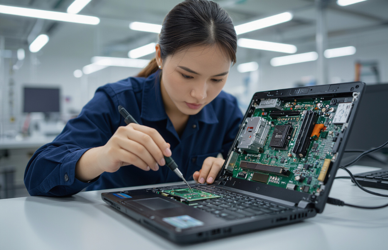 Kỹ Thuật Viên Máy Tính Bến Tre Đang Kiểm Tra Mainboard Laptop Để Tìm Lỗi Nguồn.