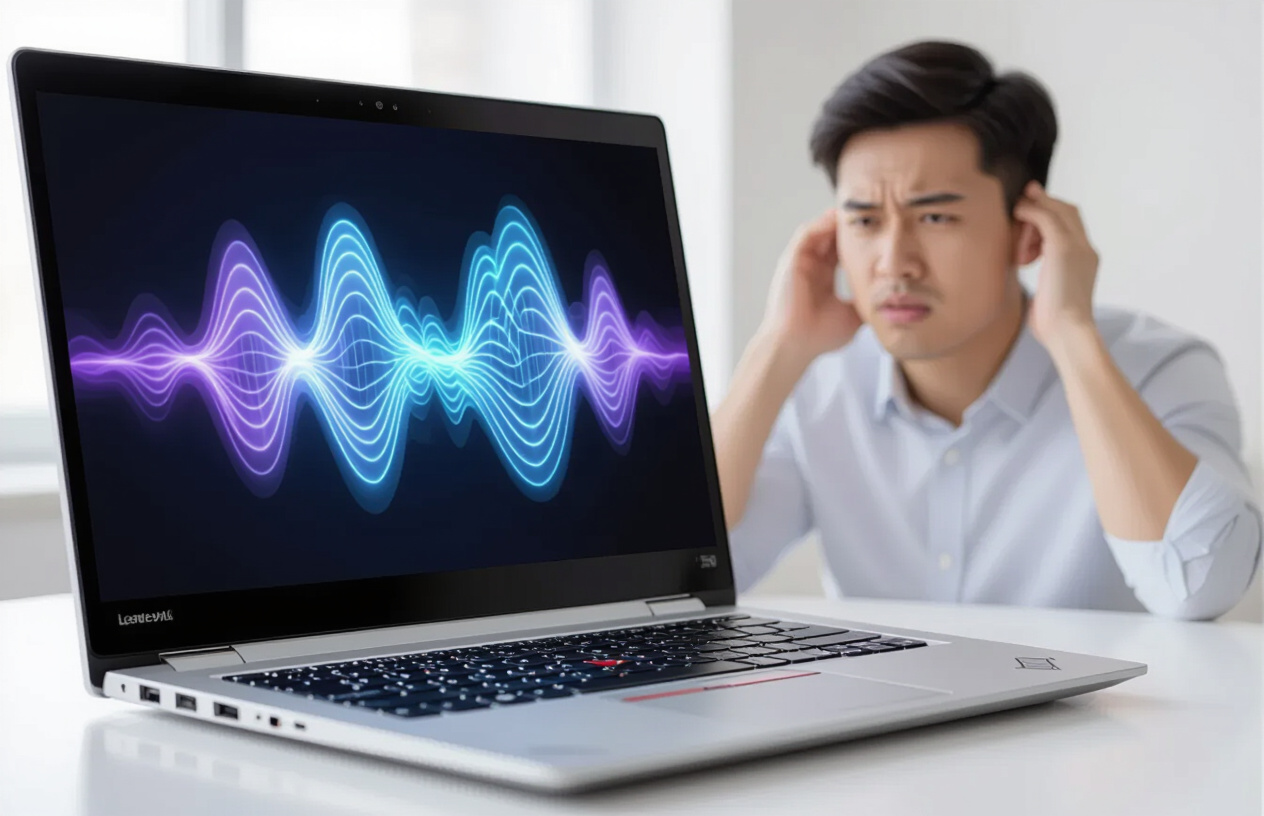 Người Dùng Đang Nghe Laptop Lenovo Thinkpad X1 Yoga Bị Rè Tiếng, Biểu Cảm Khó Chịu.