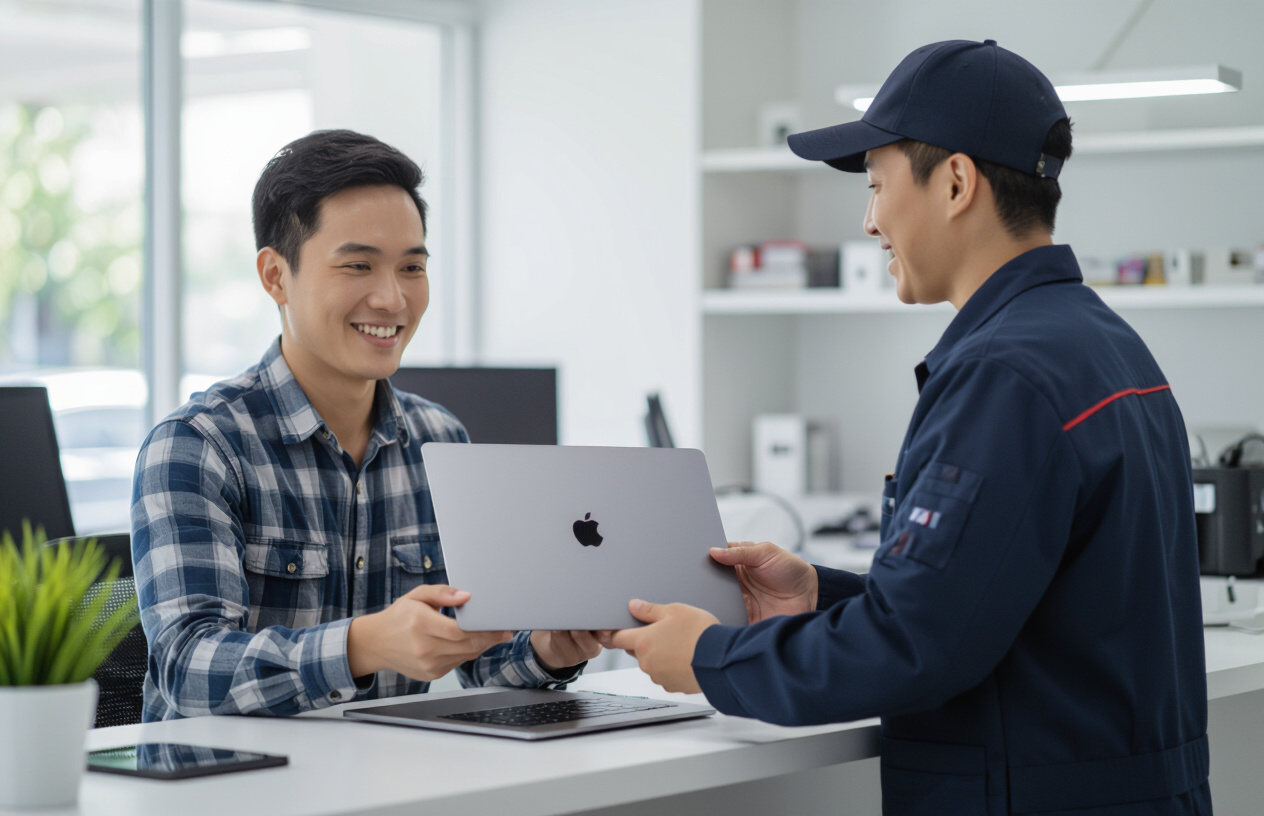 Khách Hàng Vui Vẻ Nhận Lại Macbook Air M2 Đã Sửa Xong Từ Kỹ Thuật Viên Tại Bến Tre.