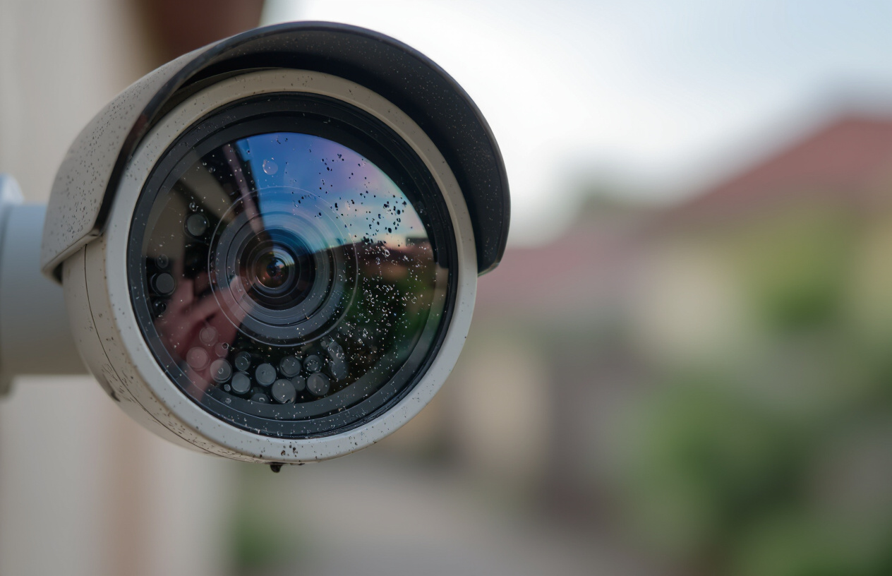 Hình Ảnh Cận Cảnh Một Ống Kính Camera An Ninh Bị Mờ Đục Hoặc Bám Bụi Bẩn, Không Thể Thu Được Hình Ảnh Rõ Nét, Thể Hiện