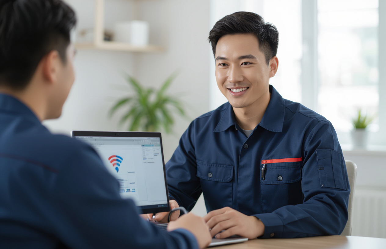 Kỹ Thuật Viên Máy Tính Chuyên Nghiệp Đang Hỗ Trợ Khắc Phục Sự Cố Wifi Tại Nhà