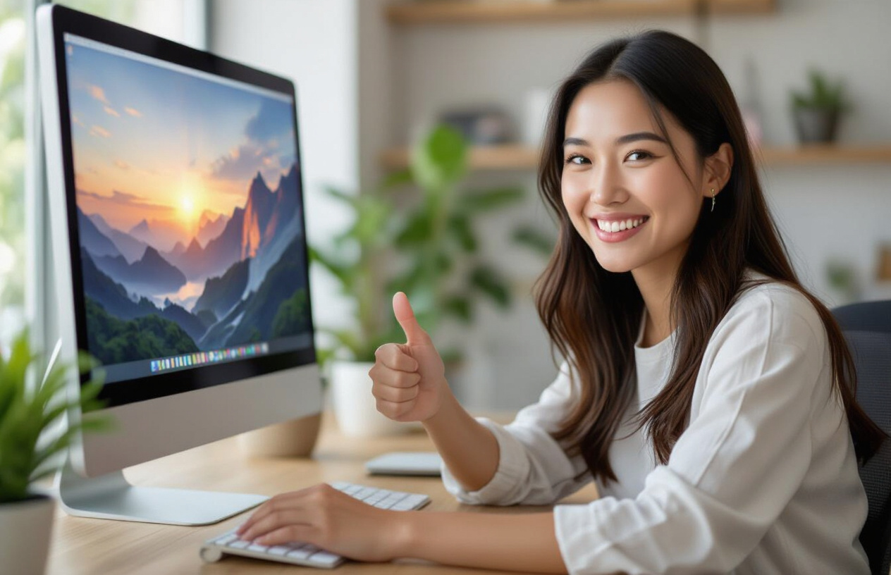 Một Người Phụ Nữ Bến Tre Vui Vẻ Sau Khi Máy Tính Của Mình Được Máy Tính Bến Tre Sửa Lỗi Màn Hình Thành Công.