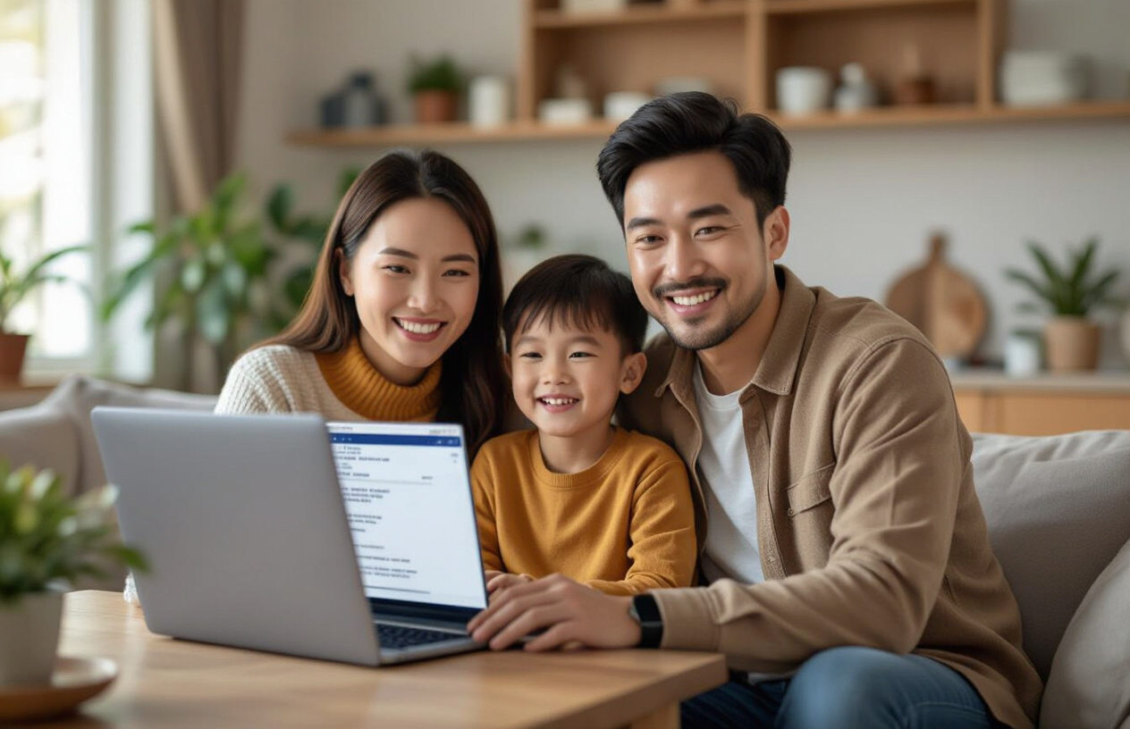 Một Gia Đình Việt Nam Đang Vui Vẻ Sử Dụng Máy Tính Và Truy Cập Dữ Liệu Chia Sẻ Thành Công, Thể Hiện Sự Kết Nối.