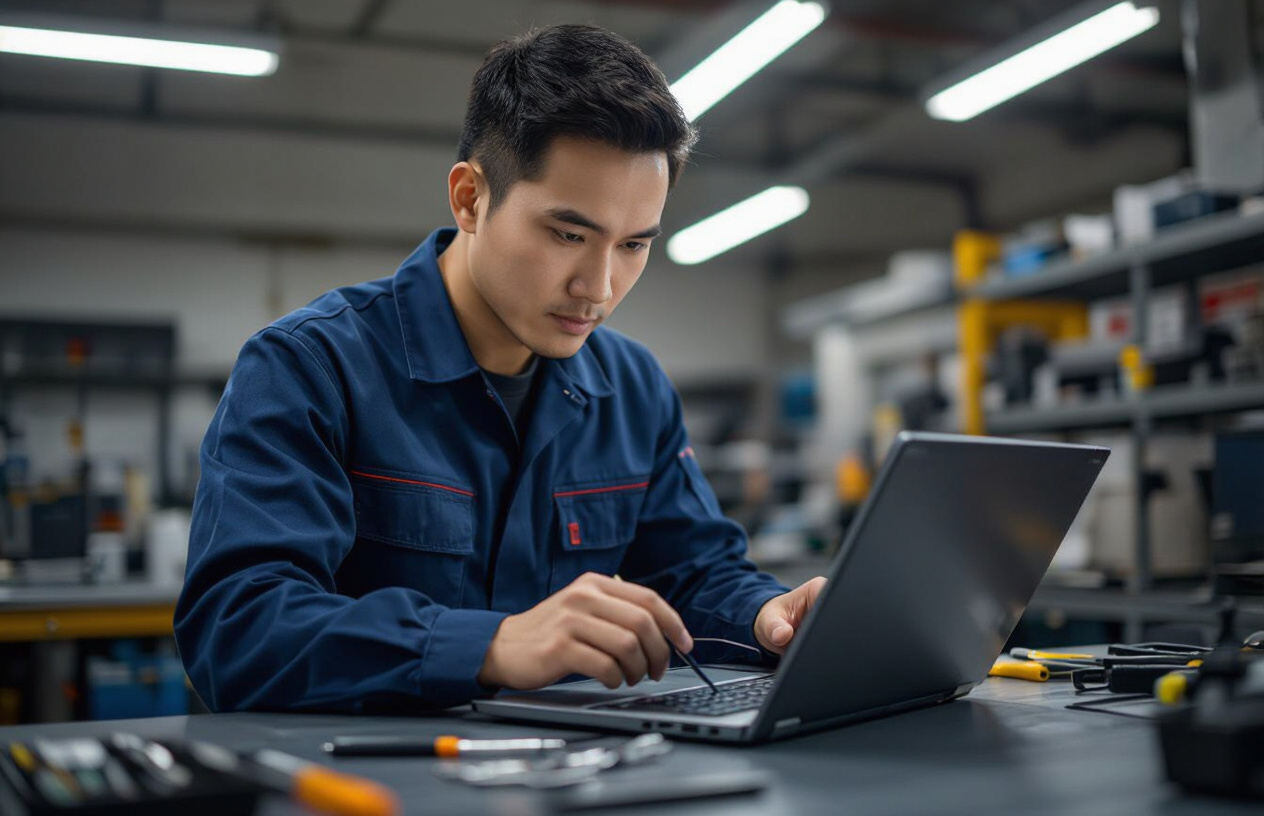 Kỹ Thuật Viên Máy Tính Bến Tre Đang Kiểm Tra Và Sửa Chữa Bản Lề Laptop.