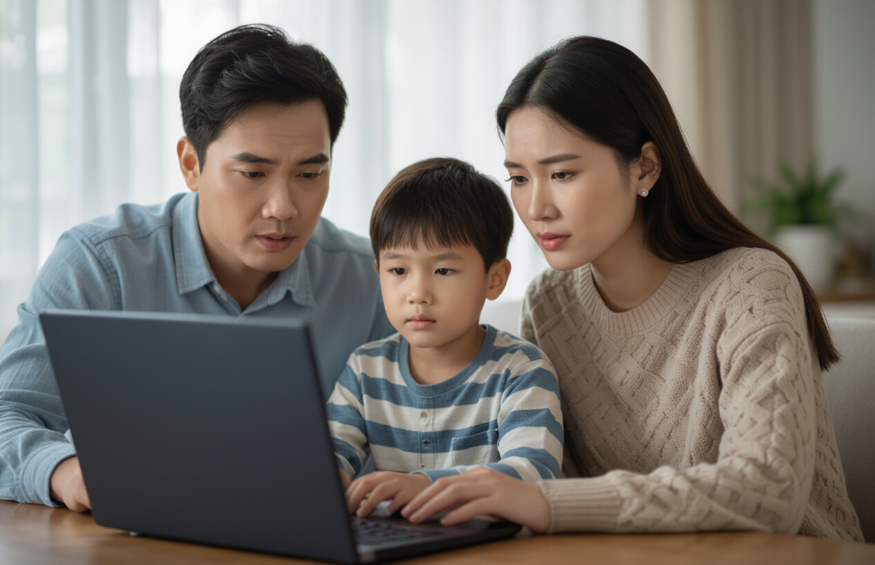 Gia Đình Việt Nam Đang Xem Màn Hình Laptop Bị Lỗi Màn Hình Xanh, Thể Hiện Sự Lo Lắng Và Cần Hỗ Trợ.