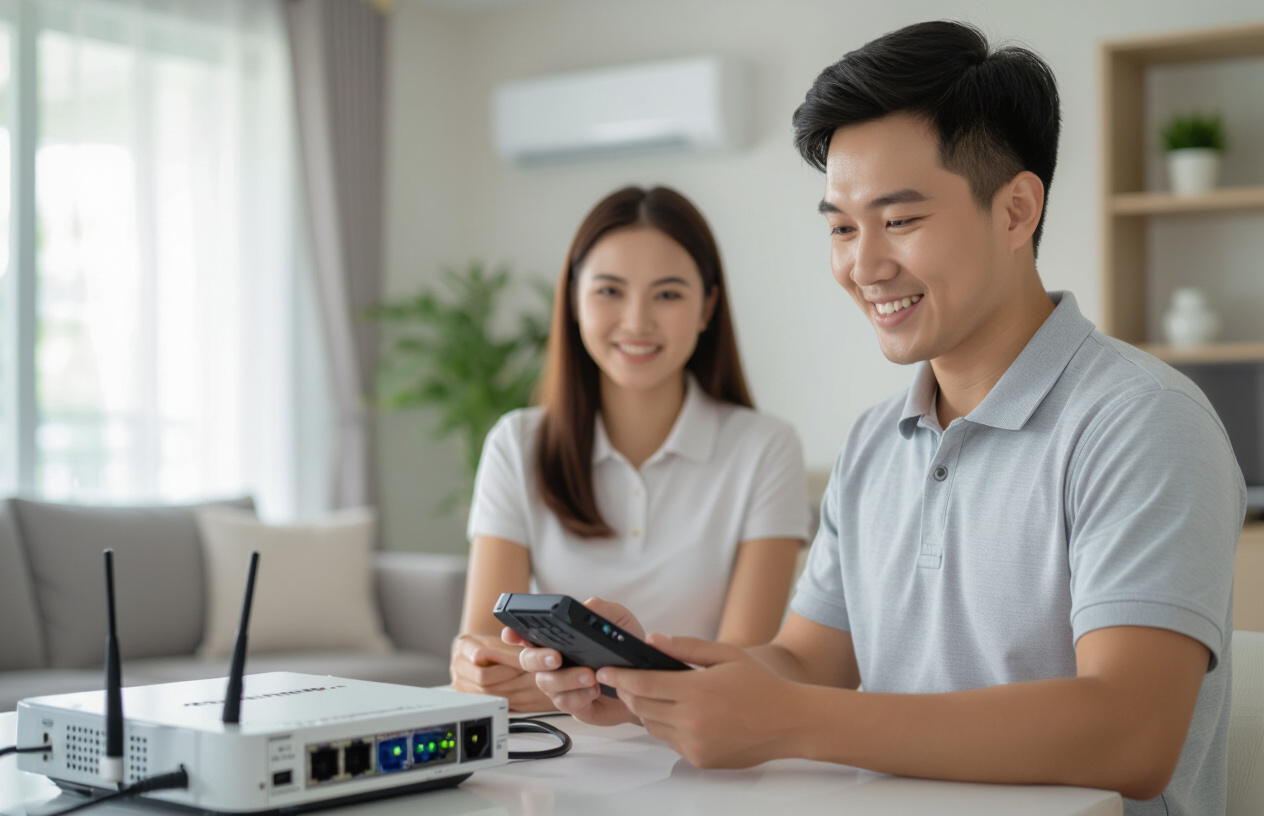 Kỹ Thuật Viên Máy Tính Bến Tre Đang Kiểm Tra Thiết Bị Mạng Tại Nhà Khách Hàng Ở Thạnh Trị.