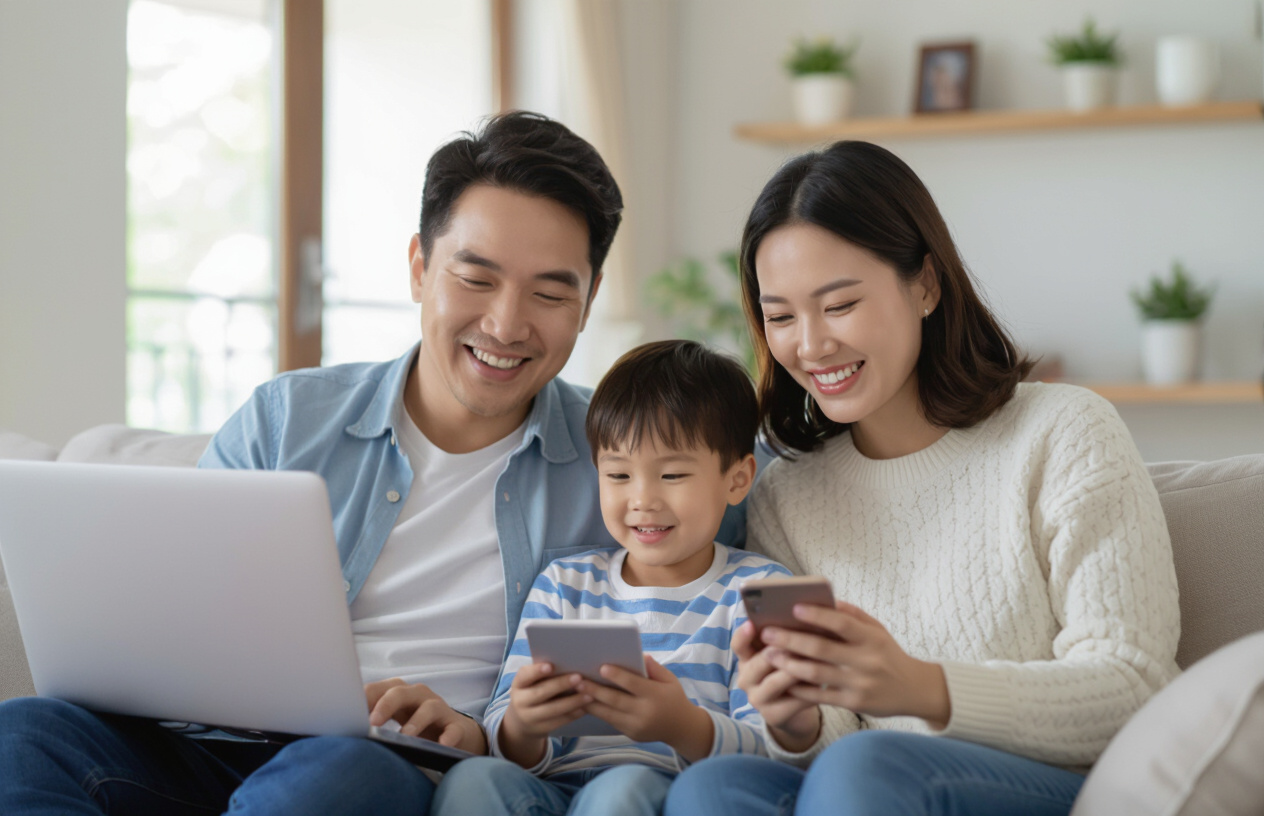 Gia Đình Việt Nam Đang Vui Vẻ Sử Dụng Internet Ổn Định Nhờ Dịch Vụ Của Máy Tính Bến Tre.