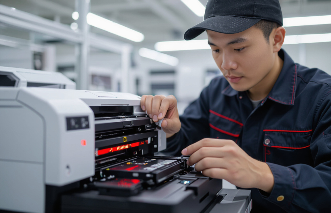 Kỹ Thuật Viên Máy Tính Bến Tre Đang Kiểm Tra Máy In Báo Đèn Đỏ