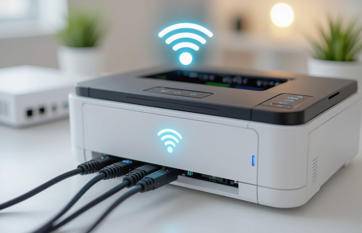 Hình Ảnh Máy In Kết Nối Với Mạng Lan Qua Dây Cáp Và Wi-Fi