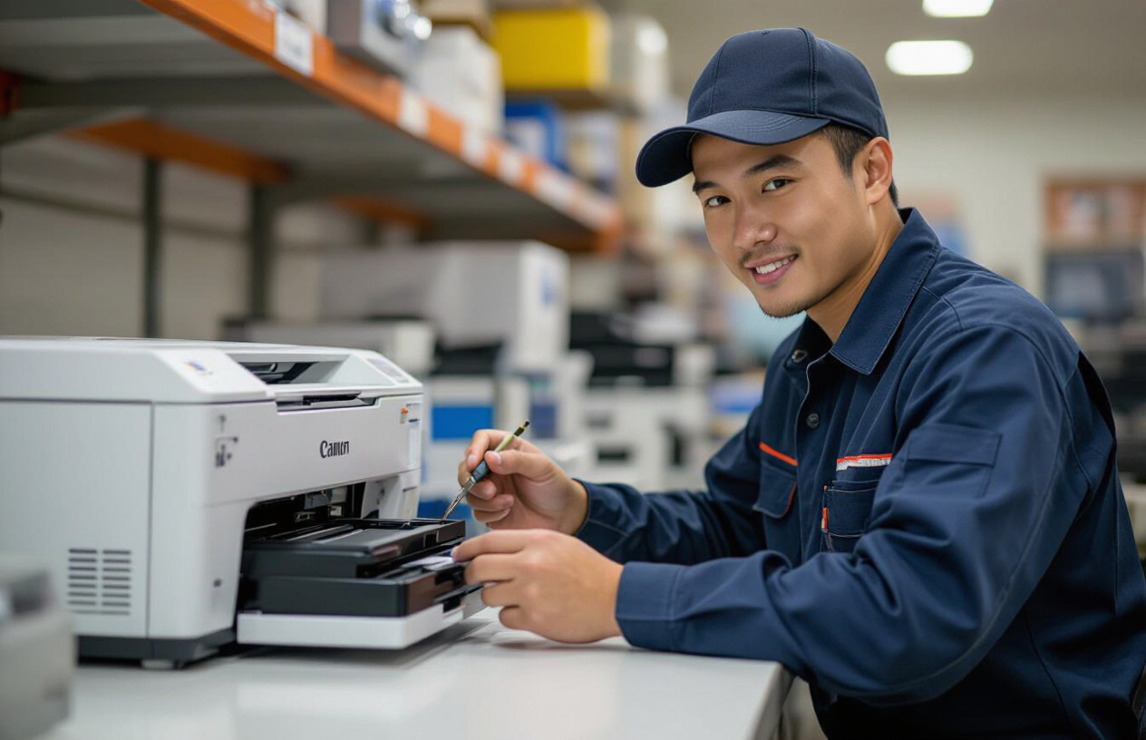Kỹ Thuật Viên Maytinhbentre.Com Đang Kiểm Tra Và Sửa Chữa Máy In Canon Bị Tắc Mực.