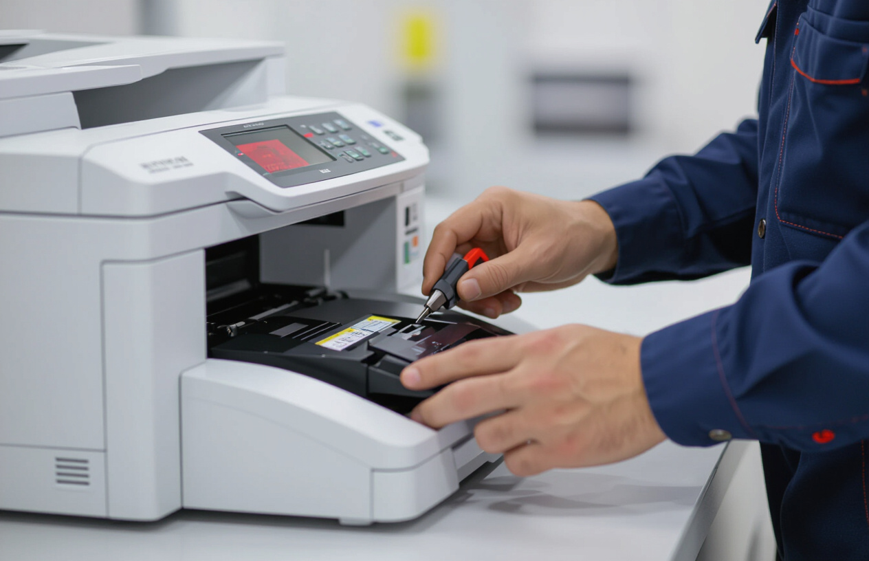 Kỹ Thuật Viên Kiểm Tra Máy Photocopy Báo Lỗi Đèn Đỏ Tại Tân Thủy