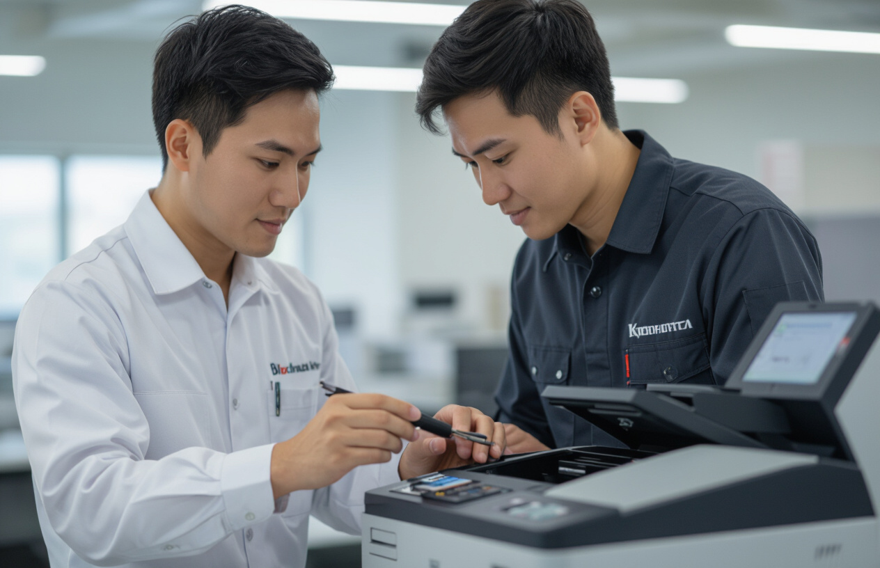 Kỹ Thuật Viên Máy Tính Bến Tre Đang Kiểm Tra Lỗi Máy Photocopy Konica Minolta Bizhub C224E.