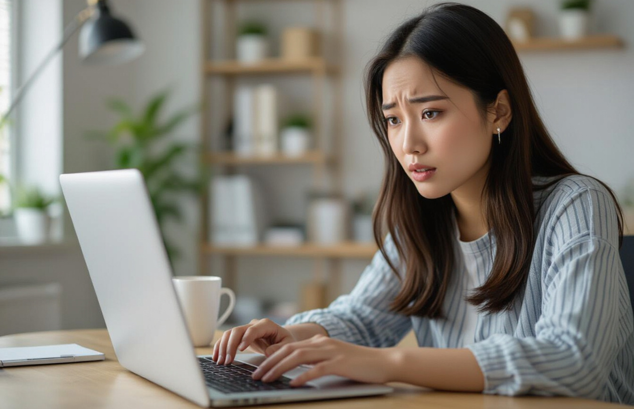 Một Người Phụ Nữ Việt Nam Đang Cau Mày Lo Lắng Nhìn Vào Màn Hình Máy Tính Bị Đóng Băng, Chuột Và Bàn Phím Không Phản H