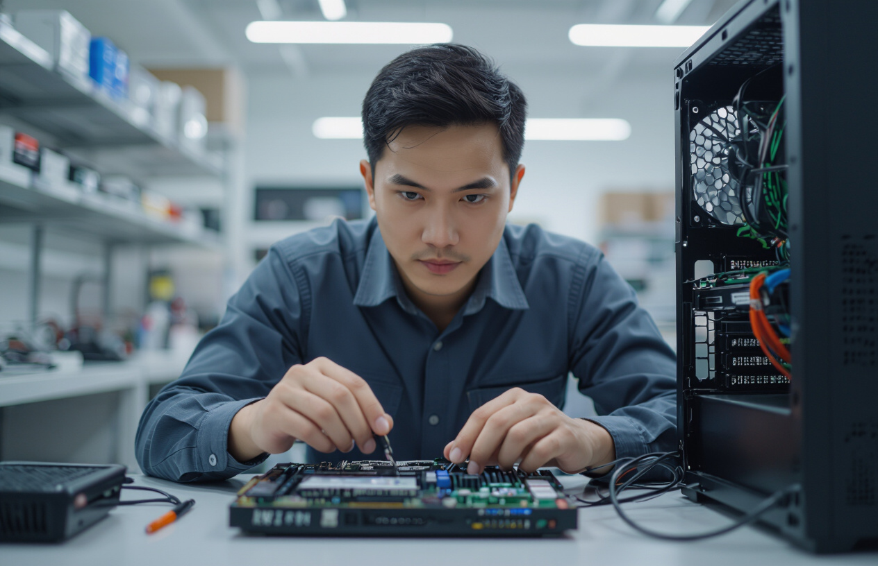 Chuyên Gia Kỹ Thuật Việt Nam Đang Cẩn Thận Kiểm Tra Các Linh Kiện Bên Trong Một Chiếc Máy Tính Để Bàn, Tập Trung Tìm N