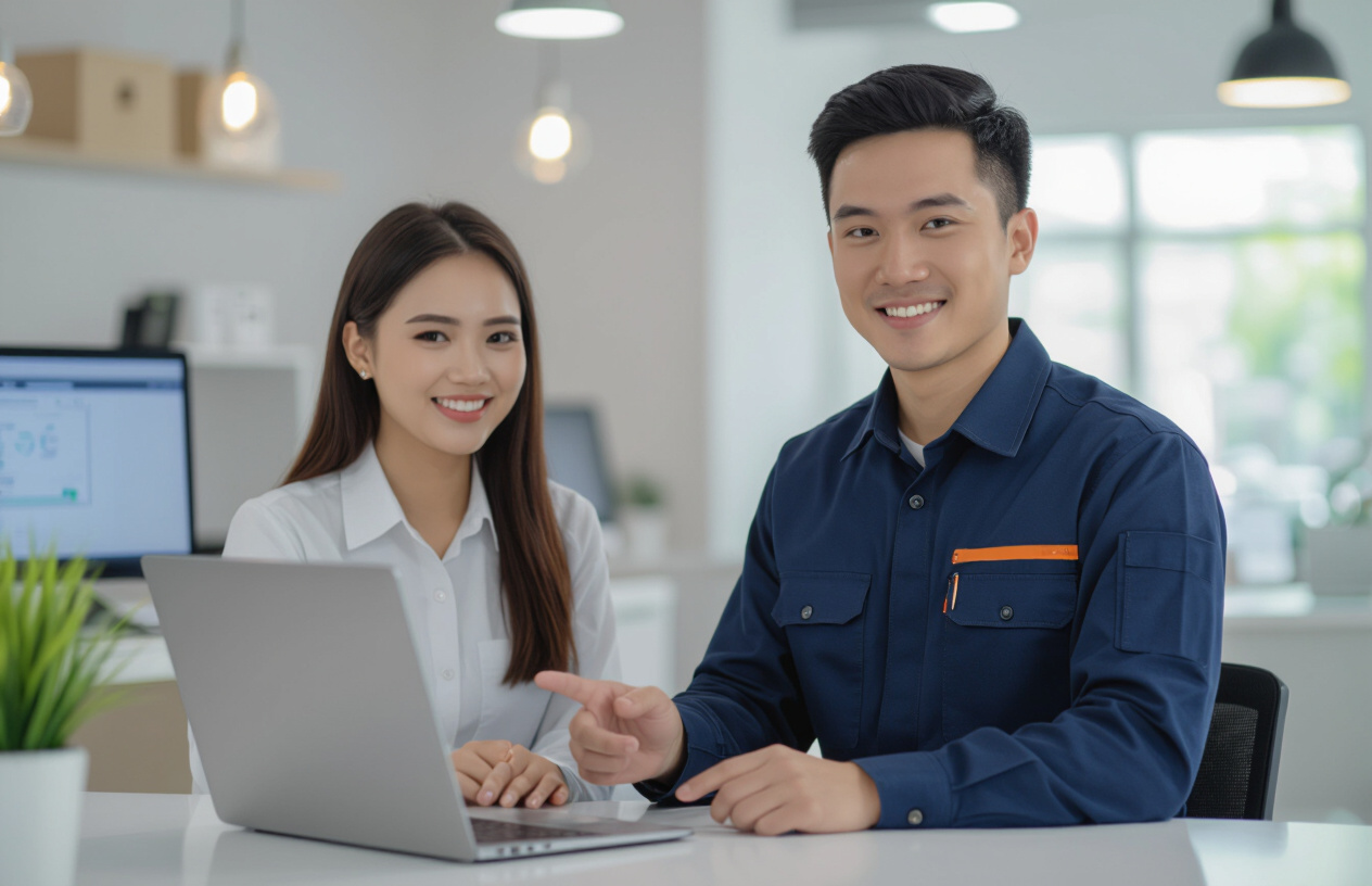 Một Kỹ Thuật Viên Máy Tính Bến Tre Đang Vui Vẻ Giúp Đỡ Khách Hàng Sửa Máy Tính.