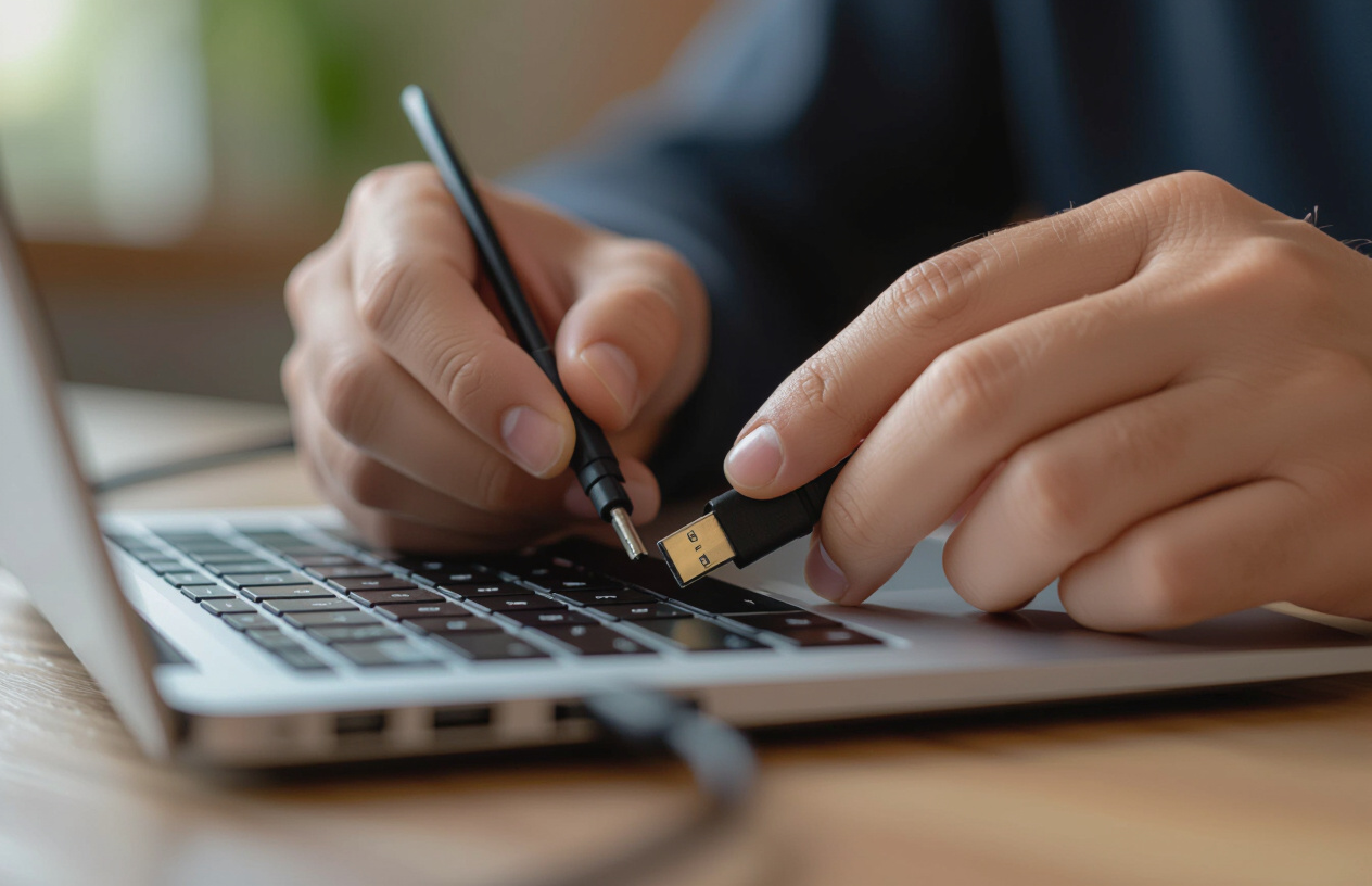Người Dùng Đang Kiểm Tra Cáp Kết Nối Usb Và Cổng Trên Máy Tính Xách Tay Và Bảng Vẽ Điện Tử Để Tìm Lỗi.