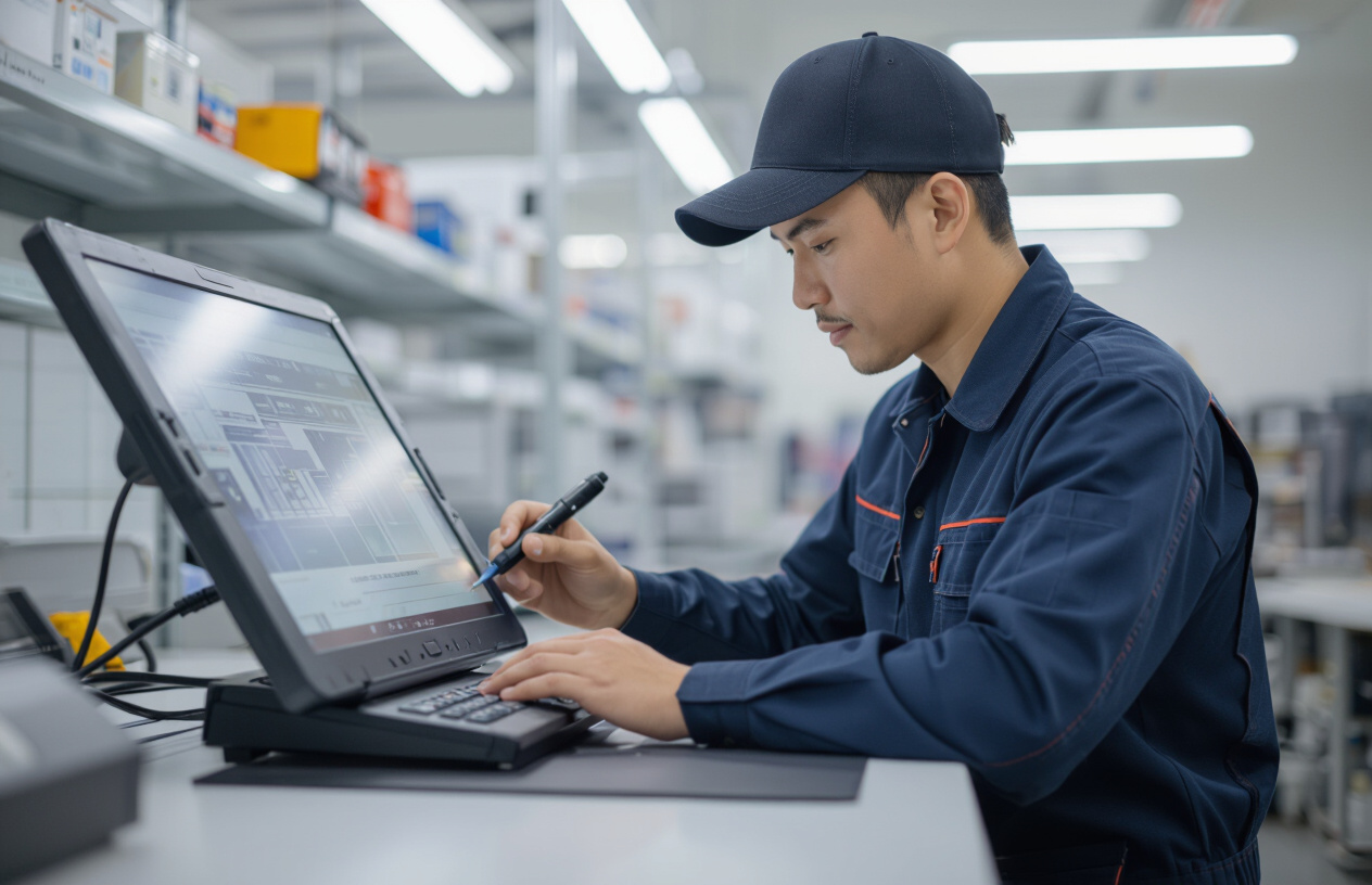 Kỹ Thuật Viên Chuyên Nghiệp Của Máy Tính Bến Tre Đang Kiểm Tra Và Chẩn Đoán Lỗi Trên Một Bảng Vẽ Điện Tử Lớn.