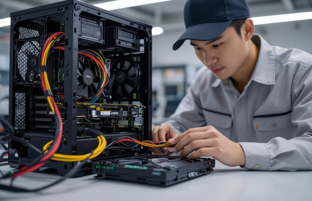 Kỹ Thuật Viên Máy Tính Bến Tre Đang Kiểm Tra Cáp Kết Nối Ổ Cứng Bên Trong Thùng Máy
