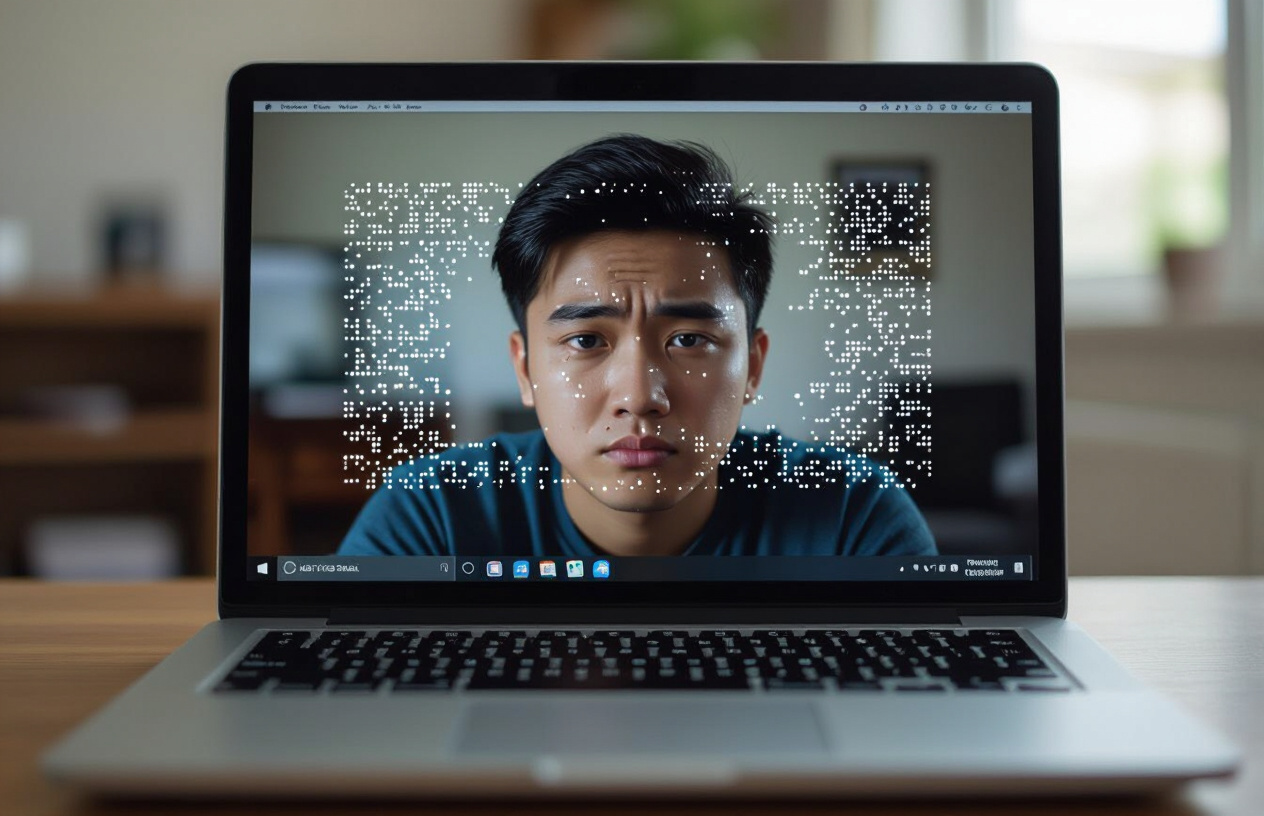 Hình Ảnh Một Người Dùng Laptop Với Webcam Bị Mờ Hoặc Không Hoạt Động, Khuôn Mặt Biểu Cảm Thất Vọng.