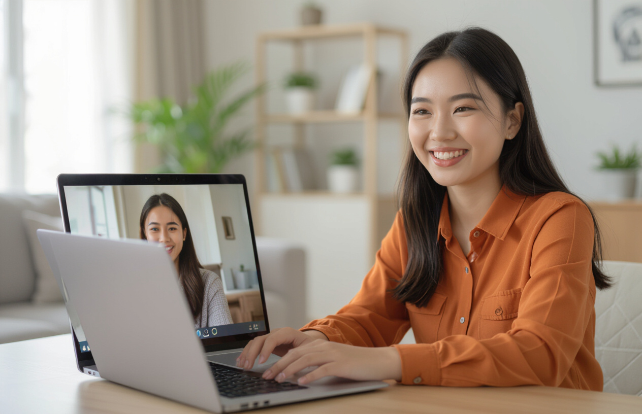 Gương Mặt Tươi Cười Của Một Người Phụ Nữ Việt Nam Đang Gọi Video Qua Laptop Với Hình Ảnh Rõ Nét, Thể Hiện Sự Hài Lòng.