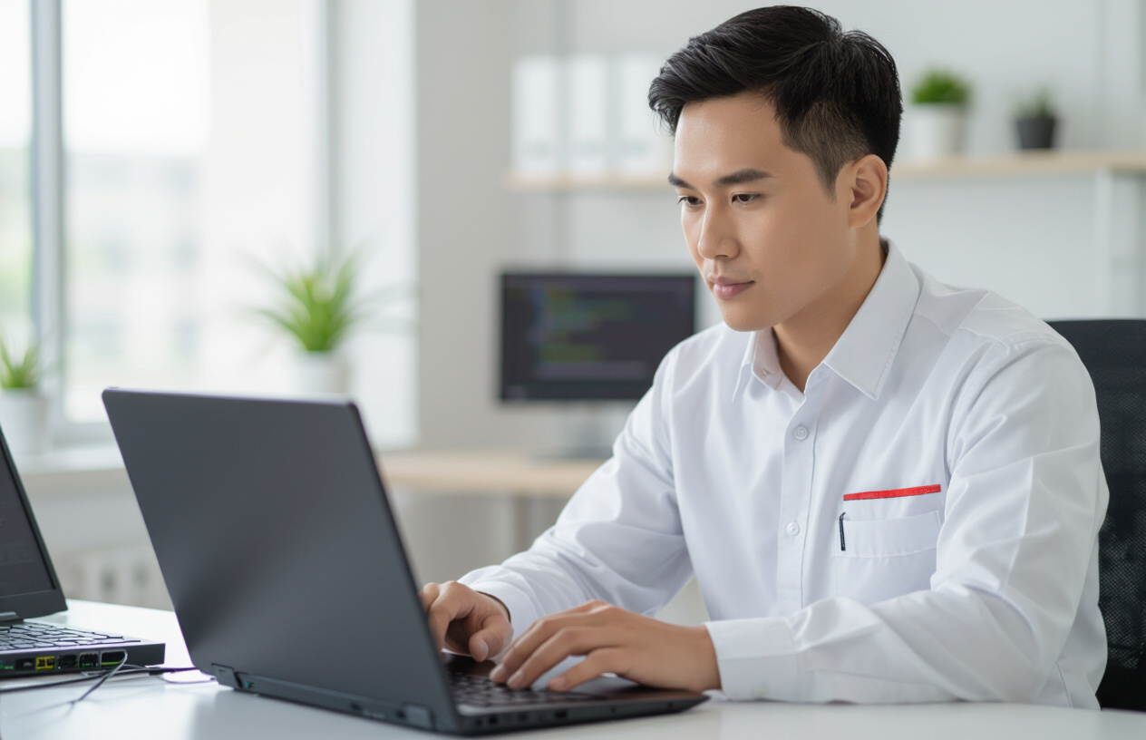 Kỹ Thuật Viên Chuyên Nghiệp Đang Kiểm Tra Lỗi Mạng Trên Laptop Cho Khách Hàng Ở Bến Tre