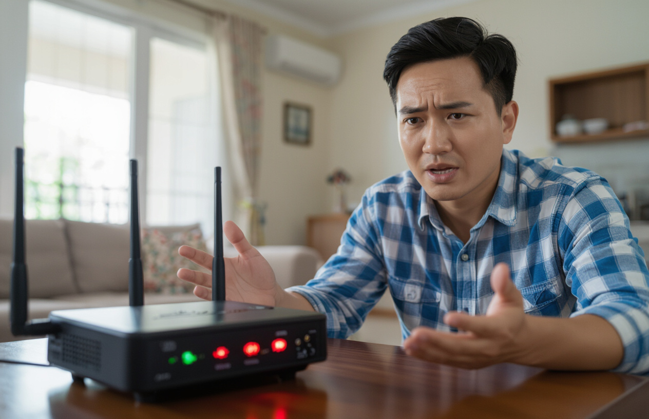 Người Đàn Ông Việt Nam Thất Vọng Nhìn Vào Router Wifi Nhấp Nháy Đèn Đỏ.