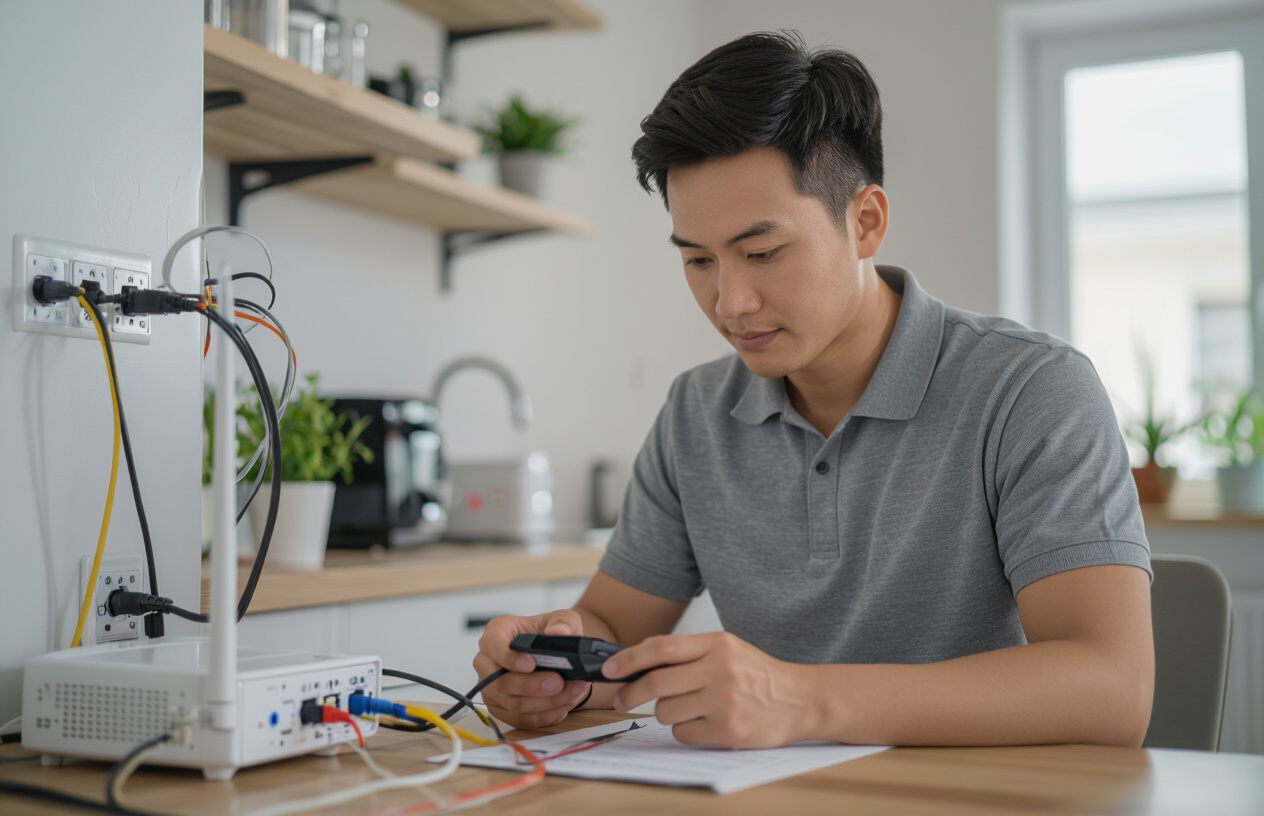 Kỹ Thuật Viên Chuyên Nghiệp Của Máy Tính Bến Tre Đang Kiểm Tra Router Wifi Tại Nhà.