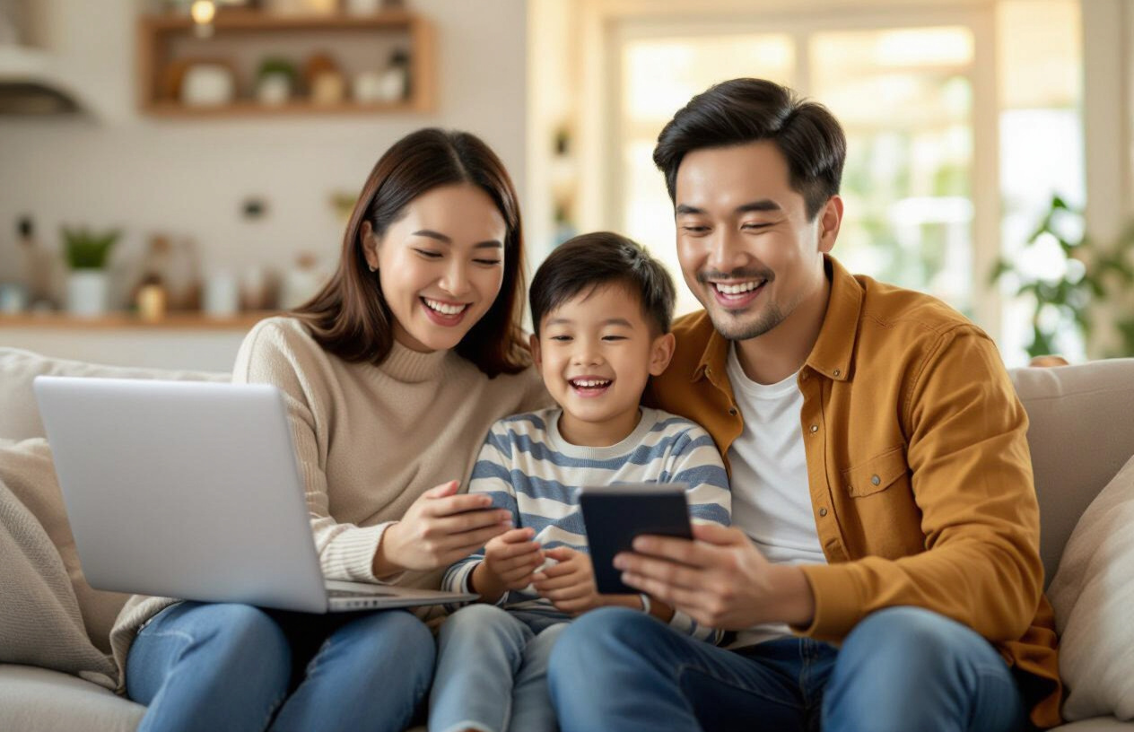 Gia Đình Việt Nam Hạnh Phúc Sử Dụng Internet Mượt Mà Nhờ Kết Nối Wifi Ổn Định.