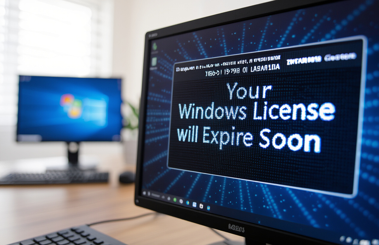 Màn Hình Máy Tính Hiển Thị Lỗi Your Windows License Will Expire Soon Với Thông Báo Màu Đỏ.