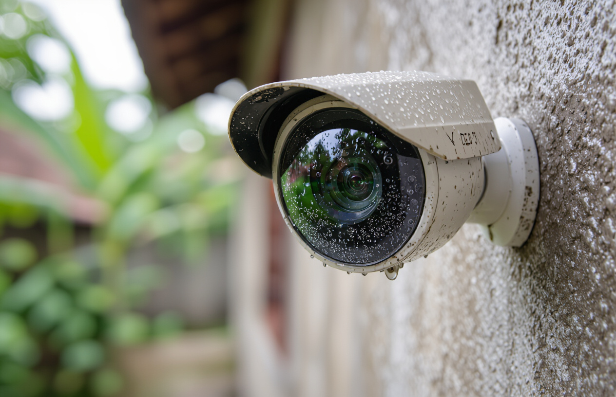 Hình Ảnh Mắt Camera An Ninh Bị Mờ Đục Do Nước Vào Sau Cơn Mưa Lớn.