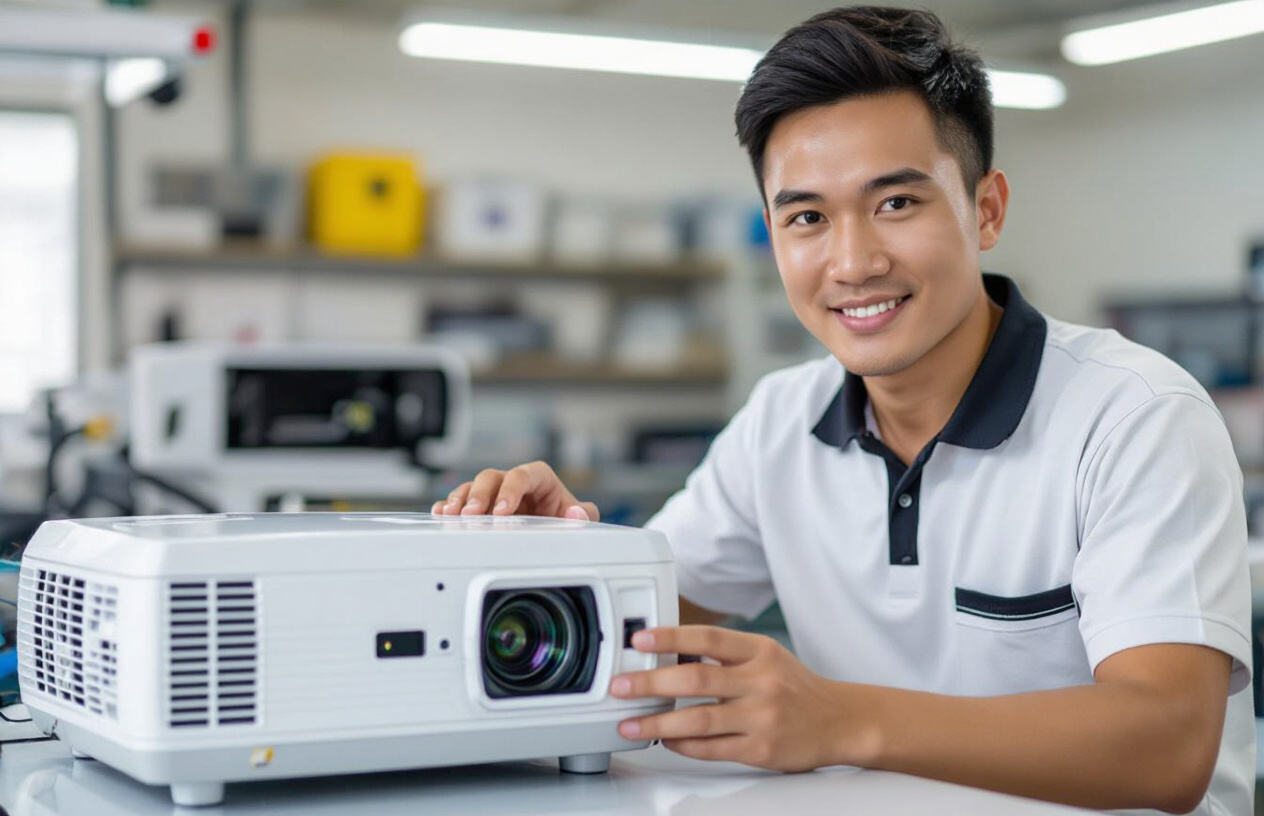 Kỹ Thuật Viên Chuyên Nghiệp Của Máy Tính Bến Tre Đang Kiểm Tra Và Sửa Chữa Máy Chiếu.